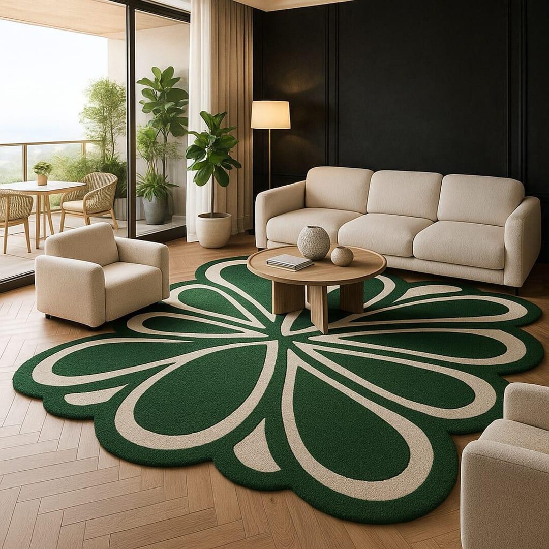 Flower Shape Rug – Green Cream Petal Design Handmade Wool Carpet - Etsy