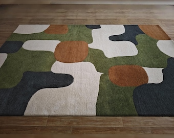 Modern Abstract Area Rug – Sage Green, Terracotta, Beige & Charcoal Wool Carpet