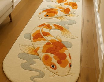 Handmade Koi Fish Wool Runner Rug – Japanese Art, Hallway Carpet