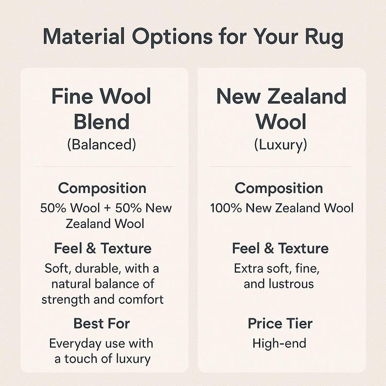 Rug material options – Fine Wool Blend vs New Zealand Wool
