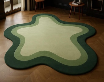Alfombra ondulada – Alfombra de lana hecha a mano, verde, de forma irregular y en capas