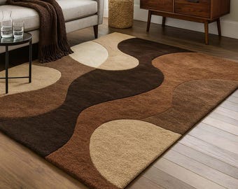 Bruin abstract golvend vloerkleed – handgetuft wollen tapijt voor woonkamerdecoratie