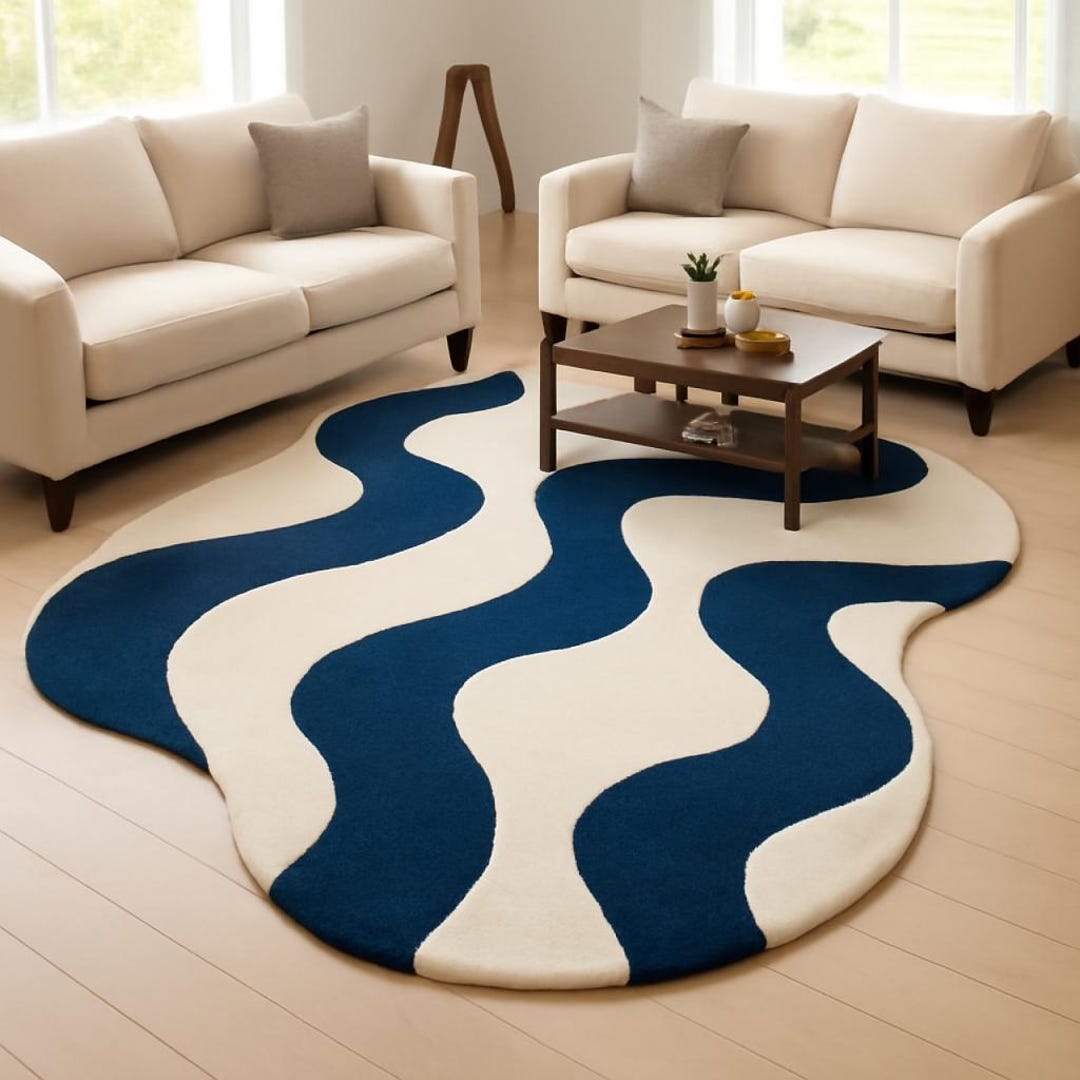 Handmade Wool Tufted Wavy Rug: Navy Blue & Cream Abstract Carpet - Etsy UK