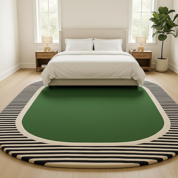 Modern Bedroom Rug – Green Striped Border Handmade Wool Carpet