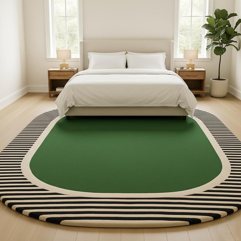 Modern green wool rug with black and cream striped border placed under a bed in a bright bedroom.