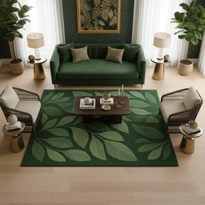 Rectangular Green Botanical Rug, Modern Sage Deep Forest Leaf Pattern, Hand Tufted Wool Cut And Loop Pile High Low Design