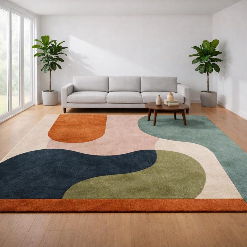 Hand Tufted Wool Rug: Modern Organic Shapes, Sage Olive Terracotta ...