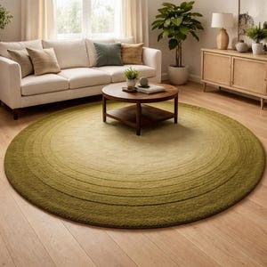 Ombre Round Rug, New Zealand Wool Hand-Tufted Olive Green Gradient Carpet