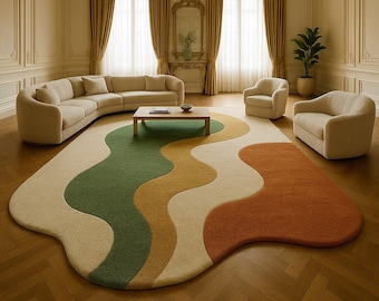 Handgetufteter gewellter organischer Wollteppich - Großer unregelmäßiger moderner abstrakter Teppich - Einzigartiges Statement Designer Wohnzimmer Dekor