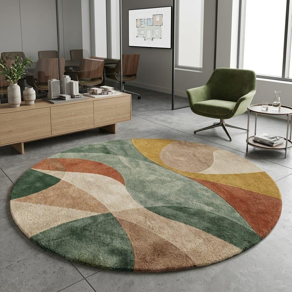 Mid Century Modern Circle Carpet, Round Abstract Area Rug, Hand Tufted ...