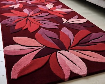 Burgundy Wool Floral Rug, Red And Pink Petals, Hand Tufted with Cut and Loop Pile High Low Design