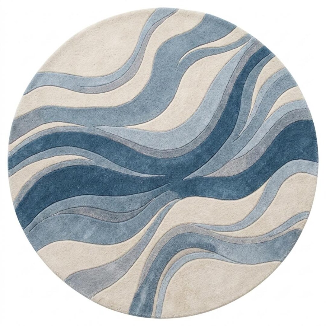 Abstract Wave Round Rug – Hand-tufted New Zealand Wool, Beach House ...