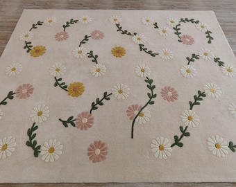 Modern Floral Wool Rug – Hand-Tufted Cream Daisy Area Carpet