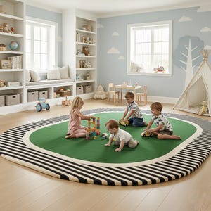 Moderner Schlafzimmer Teppich - Grün gestreifte Borte Handgefertigter Wollteppich Bild 3