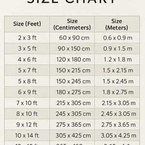 Rugs Size Chart which show Size convert in Feet, Centimetres and meters.