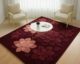 Hand Tufted Wool Rug, 3D Floral Carpet, Burgundy and Blush