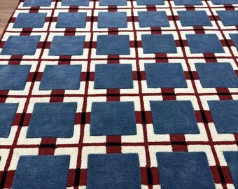 Hand Tufted Wool Geometric Rug | Navy, Red & White MCM Carpet