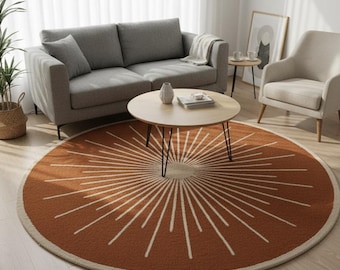 Handgewebter Terrakotta Sunburst Wollteppich: Boho Teppich für Wohnzimmer