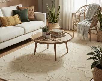 May include: A living room scene featuring a cream-colored rug with a large floral pattern. A white sofa with decorative pillows sits against a neutral wall. A round wooden coffee table and wicker chair complete the cozy, inviting space.