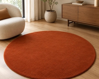 Terracotta Round Rug, New Zealand Wool Hand-Tufted Solid Color