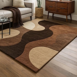 Alfombra de lana tejida a mano, diseño abstracto marrón con tamaños personalizados