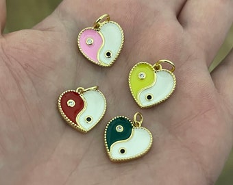 Gold Yin Yang Charms, 18K Gold gefüllter Herzanhänger, CZ Micro Pave Emaille Herz Charm Armband Halskette für DIY Schmuckherstellung