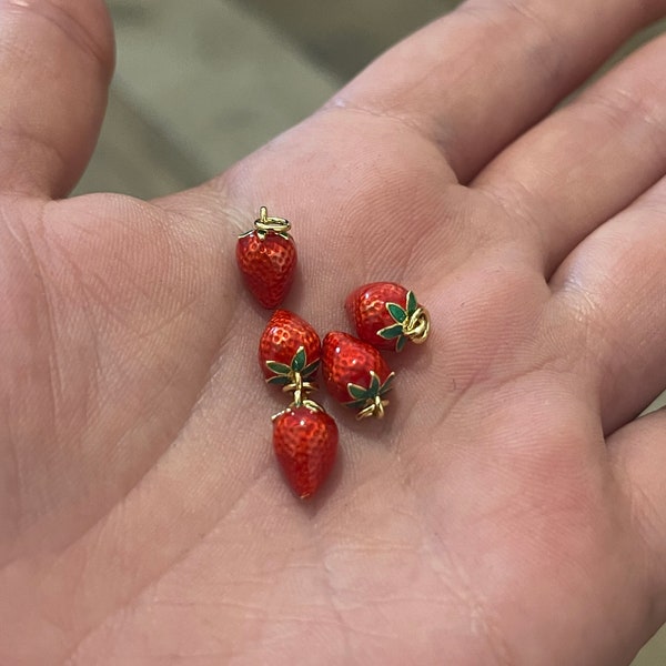 18K Gold strawberry charm, dainty red strawberry fruit pendants for jewellery making