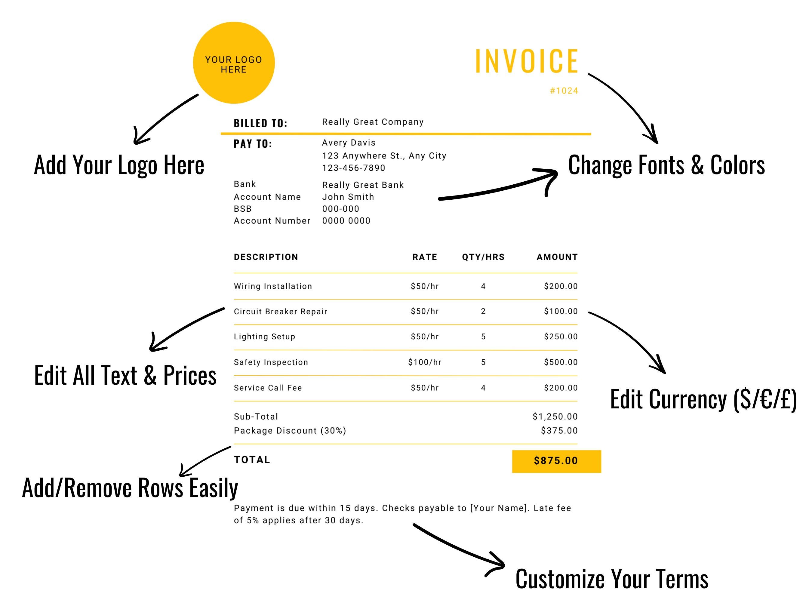 Electrician Invoice Template | Editable Canva Electrical Contractor ...
