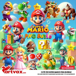 Mario Super 3D PNG Bundle, Gaming Clipart für Sublimation, süßer Mario, Luigi, Yoshi & Prinzessin Peach Clipart