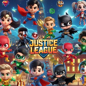 Lindo paquete de imágenes prediseñadas de superhéroes, héroes de dibujos animados para fiestas infantiles, superhéroes PNG, paquete de imágenes prediseñadas de justicia con descarga instantánea