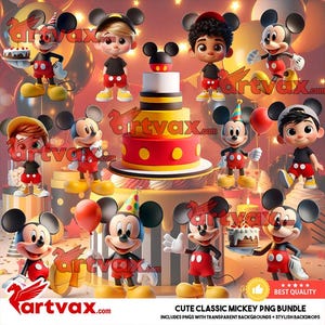Cute Classic Mickey PNG Bundle 3D, Birthday Party Clipart, Mouse Party Decorations, Adorable Mickey Transparent Backgrounds for Sublimation
