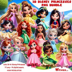 3D Disney Prinzessinnen Clipart, Baby Kleinkind Prinzessinnen Png Bundle, Prinzessinnen Dekor, magische Designs für Handwerk & Printables