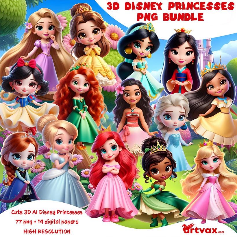 3D Disney Princesses Clipart, Baby Toddler Princesses Png Bundle, Princess Decor, Magical Designs for Crafts & Printables