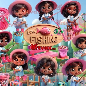Cute Fishing Kids Clipart Bundle, Fishing Girls PNG, Girls fishing png, Fish Clipart Bundle, Hooker png, Cute 3D Cartoon Clipart for Fishing