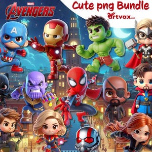 Cute Avengers PNG Bundle, Superheroes Cute Cartoon, Kawaii Avengers clipart, Birthday Decor,  Party Invitations, Cute Hero Designs for Kids
