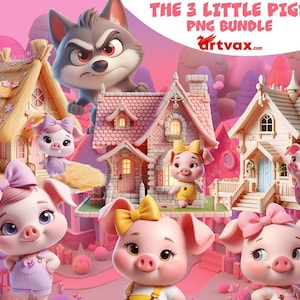 Die drei kleinen Schweinchen PNG Bundle, Bad Wolf PUPPETS & SCENES Printable, Süße 3 Schweine Clipart, Kinderzimmer Dekor, Geburtstagsparty, süße Ferkel png