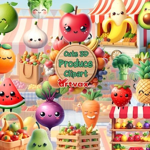 Joli lot 3D de fruits et légumes Png, Kawaii 3D fruits et légumes Clipart, Kawaii 3D marché produit PNG, produit 3D amusant numérique Bundle