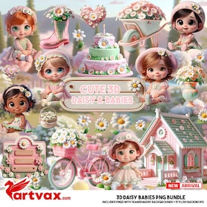 Pacchetto PNG di 3D Daisy Babies, Clipart di bambini floreali carini, Daisy 3D carina, Clipart di bambini floreali