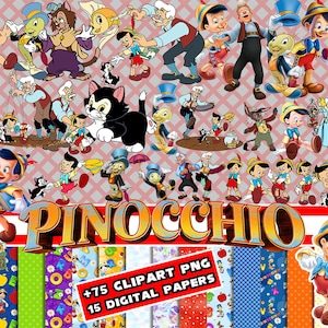 Pinocchio PNG, Cliparts, Geppetto PNG Digital Download bundle, High quality png, Figaro Jiminy cricket, Pinocchio decor, digital papers