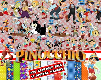 Pinocchio PNG, Cliparts, Geppetto PNG Digital Download bundle, High quality png, Figaro Jiminy cricket, Pinocchio decor, digital papers