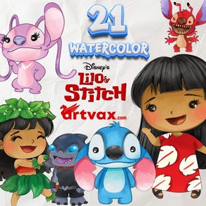 Cute Watercolor Stitch, Clipart PNG Files, Lilo And Stitch Summer Hula Cute Clipart, Nursery Children&#39;s, birthday party, cake topper