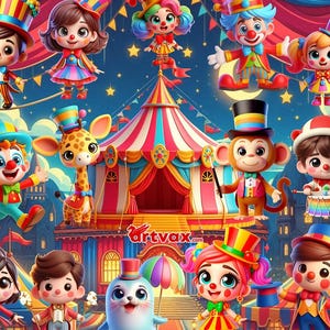 Circus Party Kids Clipart, Circus Carnival 3D PNG Bundle, Kids Birthday Party Decorations, Cute Circus Clipart, Digital Circus Characters