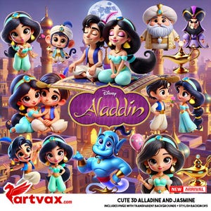 Niedliches 3D Aladdin und Jasmin PNG Bundle | Genie, Abbild & Dschafar Clipart | Zauberhafter 1001 Nacht | Niedlicher Cartoon Clipart Digital Download PNGs