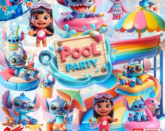 Cute 3D Lilo and Stitch Pool Party PNG Bundle | Summer Clipart for Sublimation