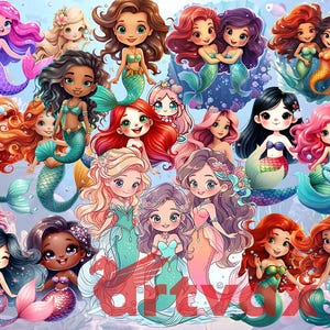 Little Mermaid PNG Clipart Bundle, Cute Sea Characters for Sublimation, Mermaid Princess Clipart, Cute Magical, Digital Clipart for Crafts