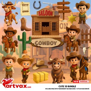 Cowboy Clipart PNG Bundle | 3D Western Kids Graphics | Cute Sheriff Horse Rodeo | Wild West Saloon Clip Art | Digital Download