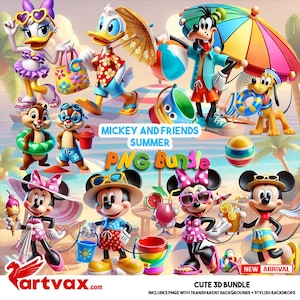 Mickey und Friends Sommer PNG Bundle, süße 3D Strand Urlaub Clipart, Sommer 3D PNG, niedliche Cartoon Strand