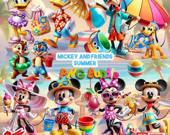 Mickey and Friends Summer PNG Bundle, Cute 3D Beach Vacation Clipart, Summer 3D PNG, Cute Cartoon Beach