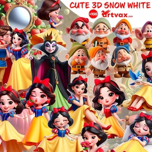 Niedliches 3D-Schneewittchen-PNG-Bundle, Prinzessin png, Böse Königin Png, Schneeweißen Clipart, Geburtstagsparty, Kinderzimmer Dekor, Märchen