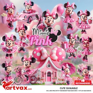 Pacchetto PNG Minnie rosa / Set di clipart 3D Minnie carino / Download digitale per lavoretti per bambini, sublimazione e decorazioni per feste, clipart di topo